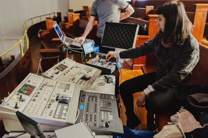 Me preparing my visuals setup on the church balcony