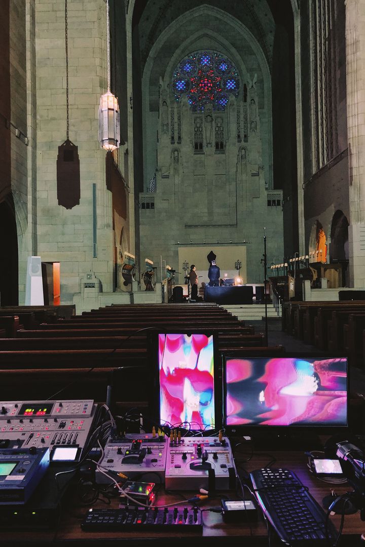 Visuals setup in the church with preview monitors