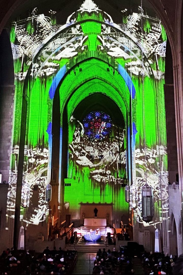 Suzanne Ciani performing in the church with visuals