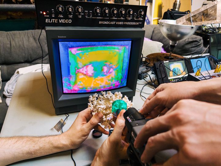 Hands hold coral in front of a camera feedback loop making tropical colors