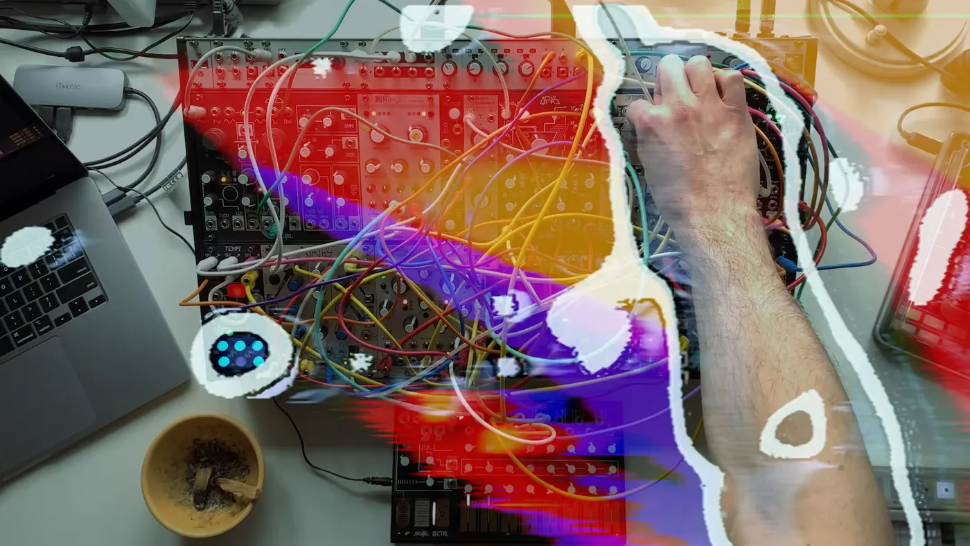 oscilloscope patterns superimposed on a photo of a river