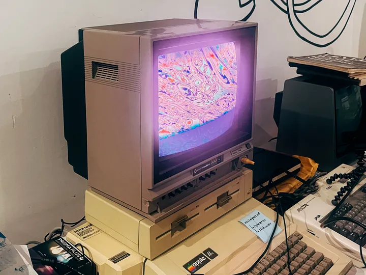 Video patterns being displayed on the Commodore CRT monitor at Recurse Center