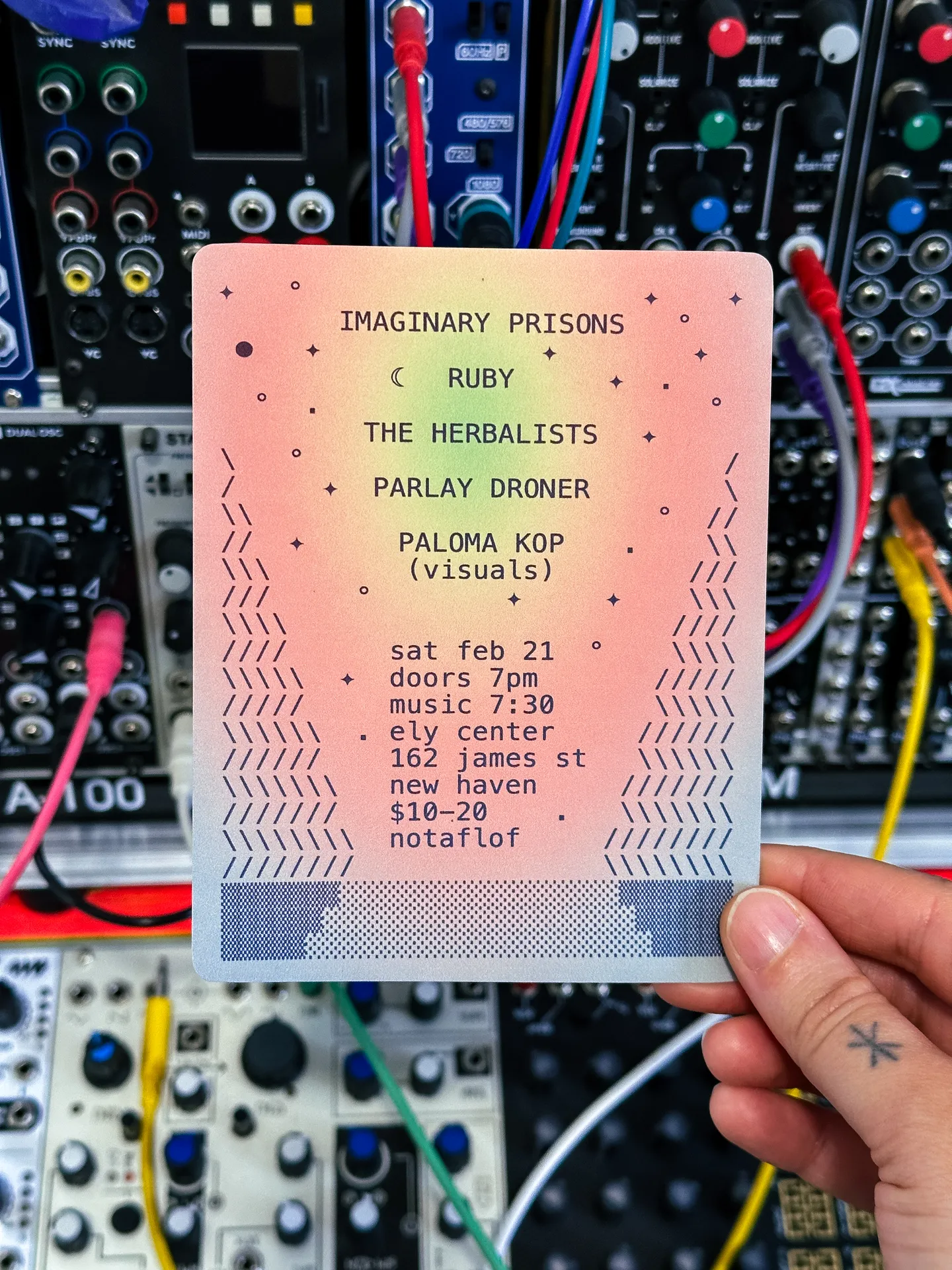 Flyer for a music concert, made with ascii art and a pink glowing gradient