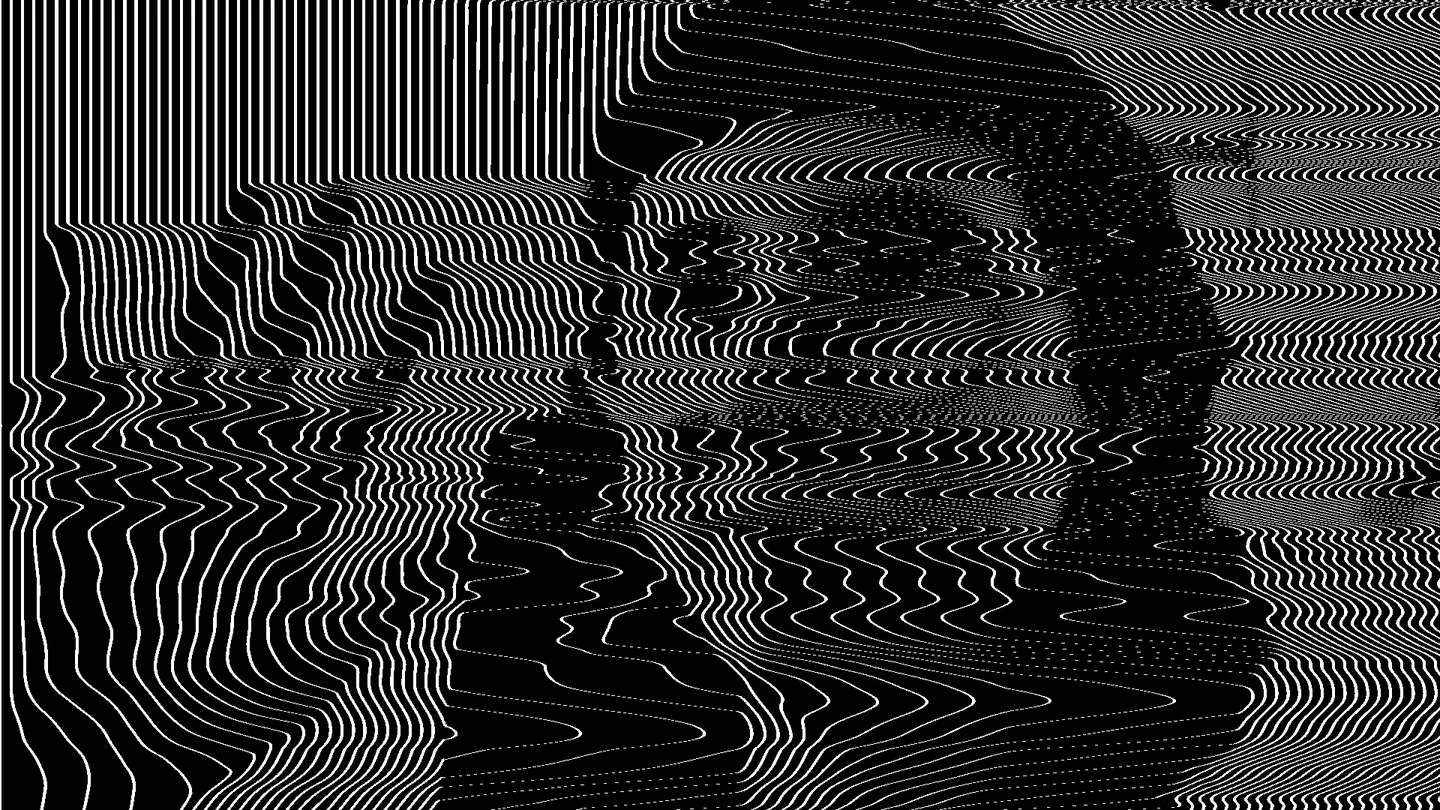 Image of a face and hand composed of squiggly white lines on a black background