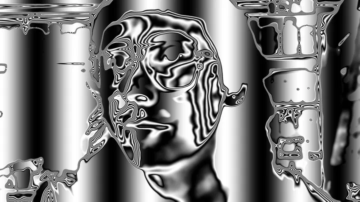 A face interrupting vertical stripes of a sine wave oscillator