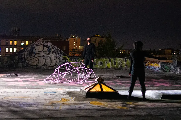 Yoko and Will with kinetic sculpture