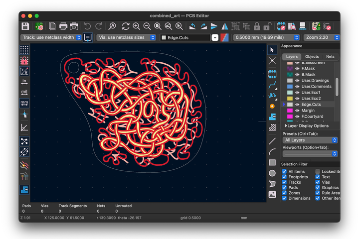 Screenshot of the board in Kicad