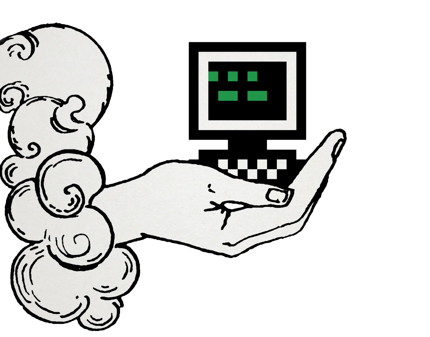 Illustrated hand emerging from a cloud holding the Recurse Center logo of a pixel-art computer