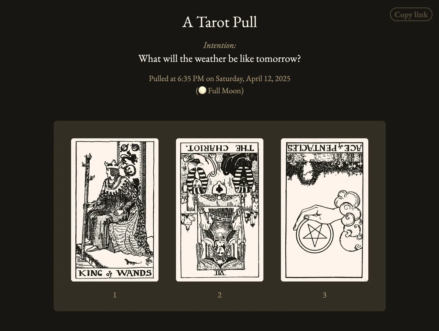 Screenshot of a tarot pull on Subtle Cards