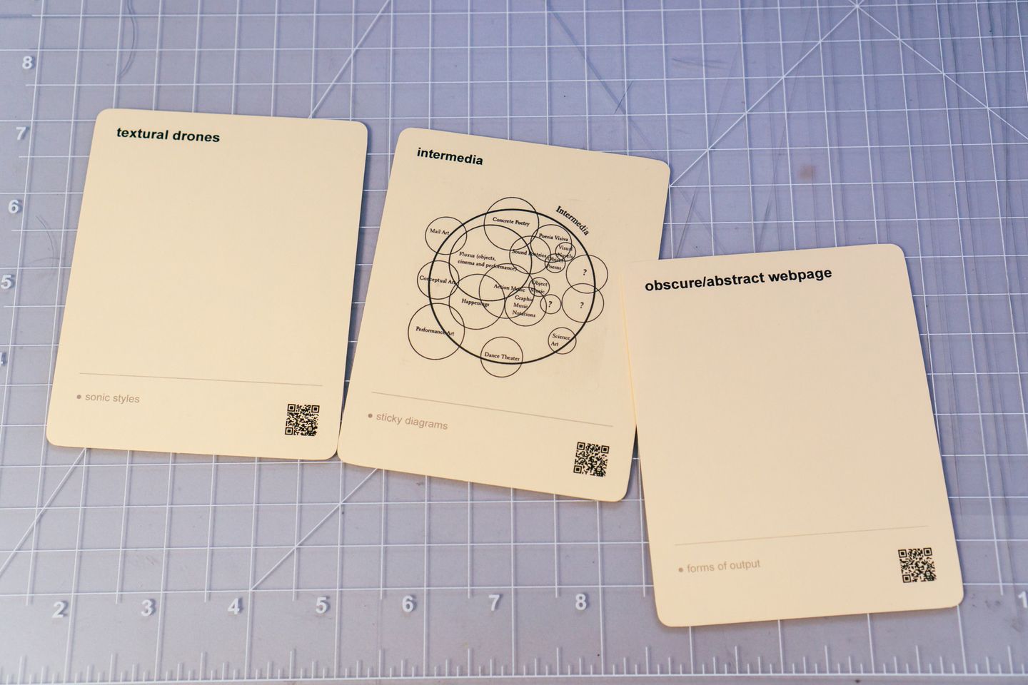 Three cards with small text notes