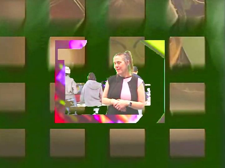 Professor Anna Huff superimposed on a repeating abstract analog video art image