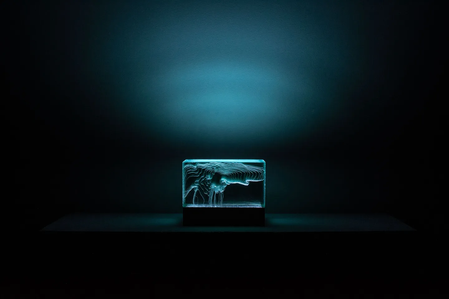 View from farther away, the sculpture casts light on the wall behind it