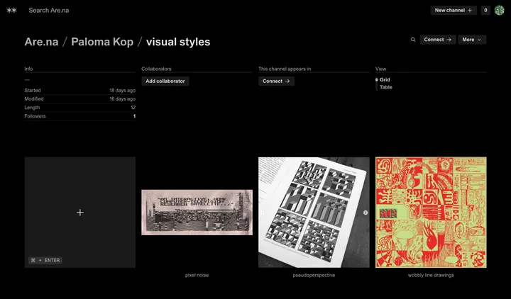 Screenshot of my 'visual styles' channel on Are.na