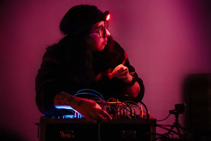 Paloma Kop performing with modular video synthesizer (photo by Jacob McCoy)